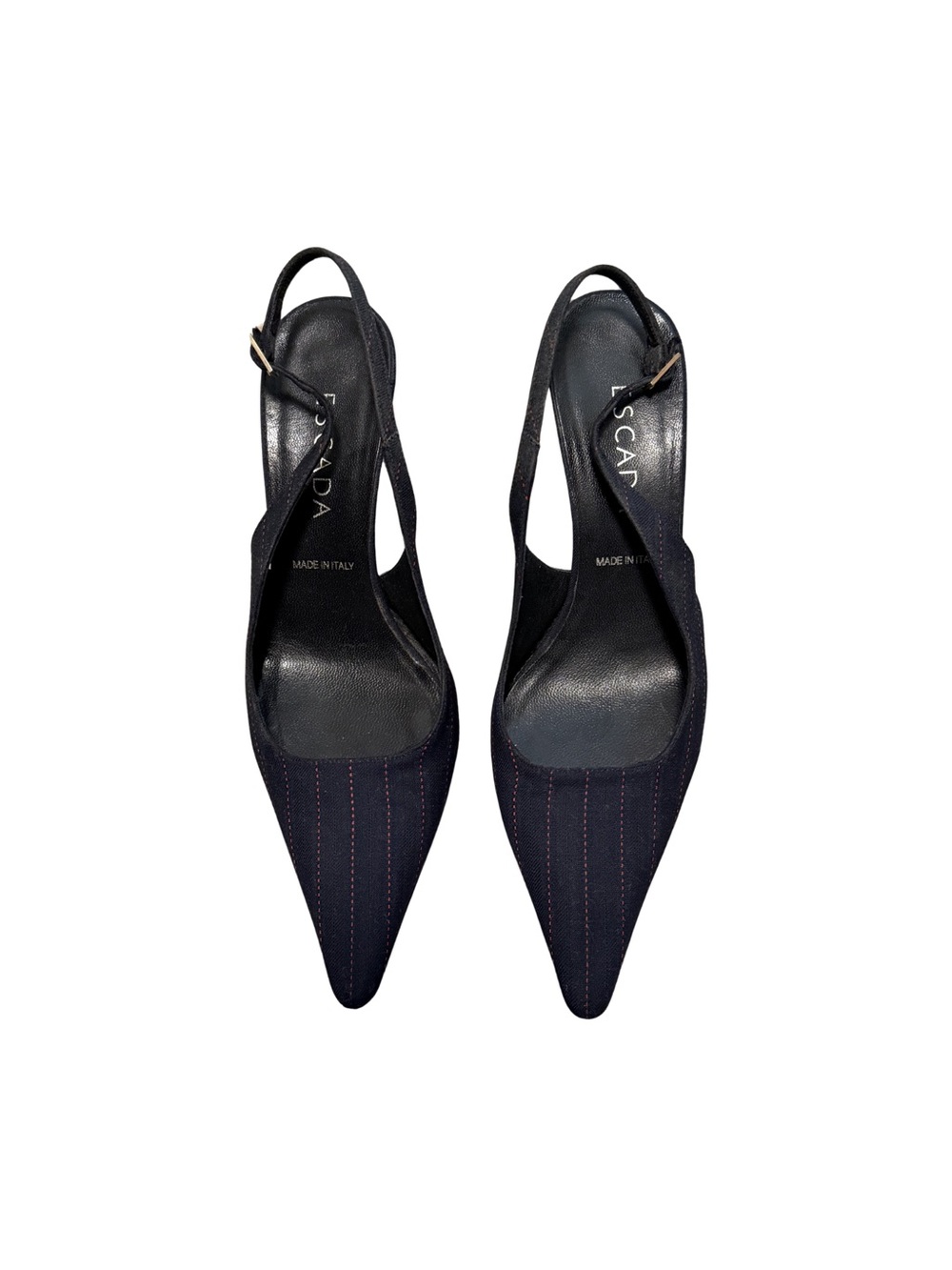 Escada Navy Pinstripe Pointed Slingback Heels